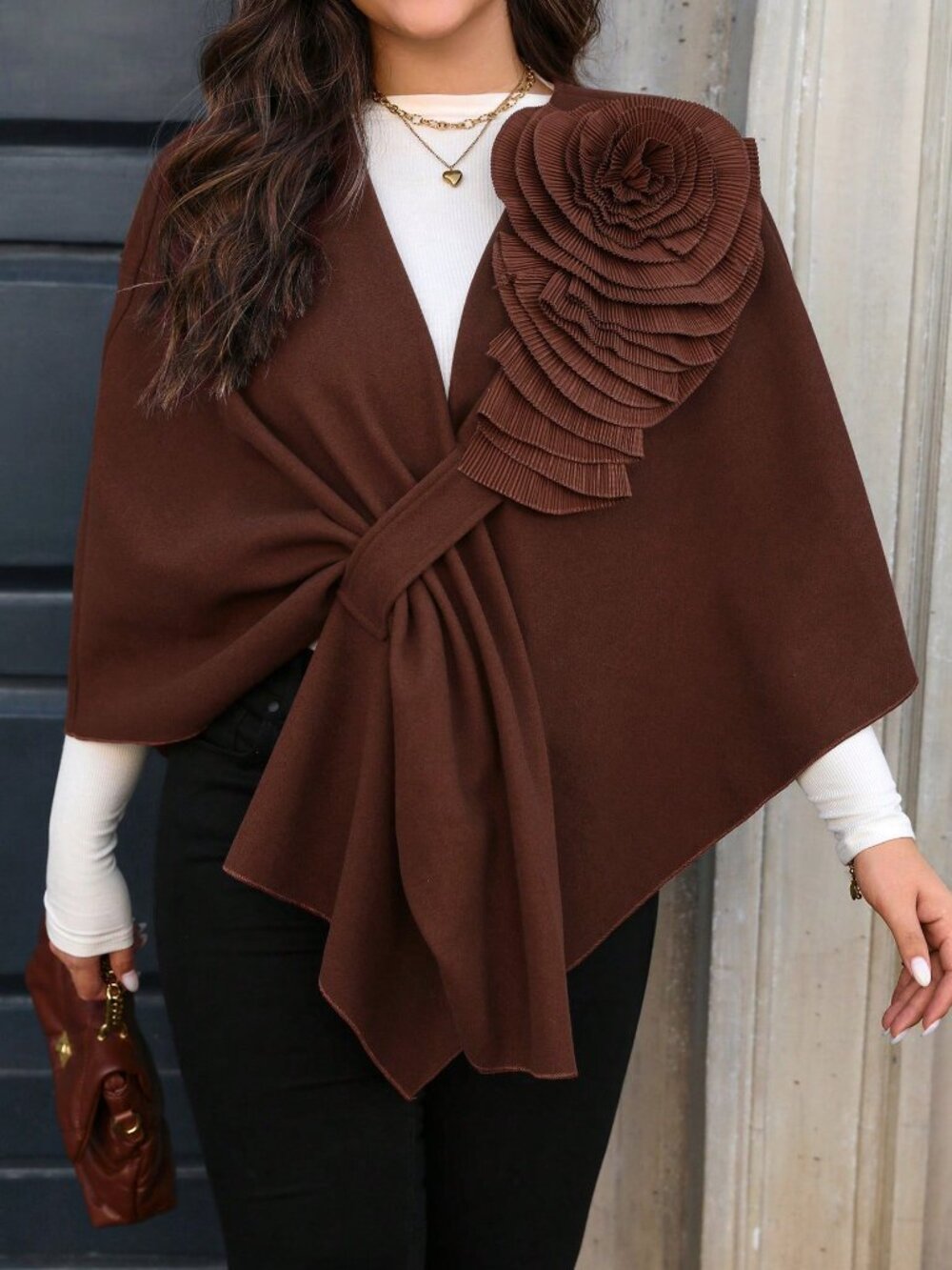 Brown Casual Women's Asymmetrical Hem Floral Decor Poncho Jacket - Picture 4 of 8